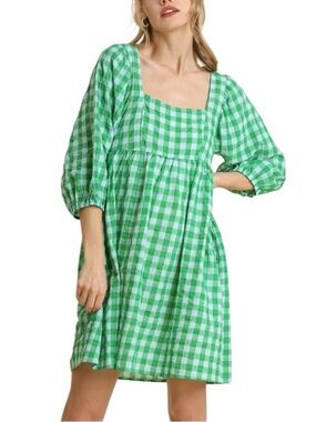 Umgee Green Gingham Square-Neck Mini Dress
